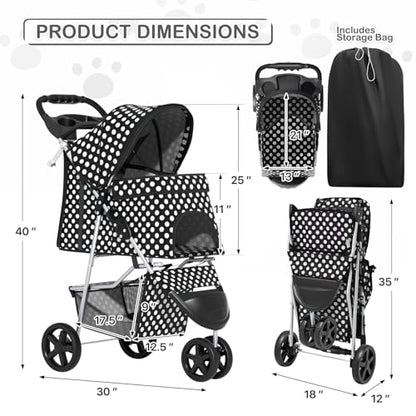 MoNiBloom 3 Wheels Pet Dog Cat Stroller for Small Medium Dogs Cats, Foldable Jogger Stroller w/Storage Basket and Cup Holder, Black Polka Dots - color: Black Polka Dots