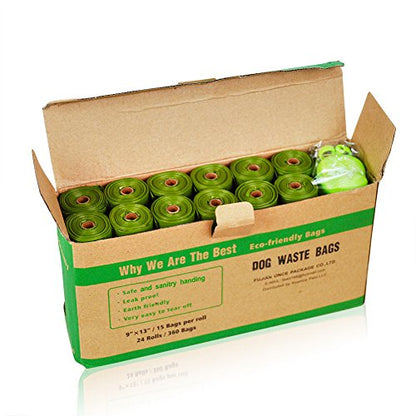 ECO-CLEAN Dog Poop Bags, 24 Rolls/360 Bags with Dispenser, Dog Waste Bags, Unscented, Leak-Proof, Easy Tear-Off - color: Green