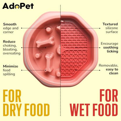 Slow Feeder Dog Bowl with Silicone Lick Mat, Non-Slip Dual Feeding Station for Dogs, Slow Eating Bowl to Help Reduce Fast Eating, Removable Lick Pad (Red) - color: Red