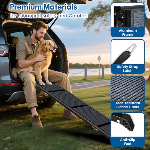 HBTower 67" Long & 17.3" Wide Folding Dog Ramp for Car, SUV & Truck – Portable Pet Ramp with Non-Slip Surface, Extra Wide Steps for Large Dogs Up to 250LBS - size: 67" L x 17.3" W