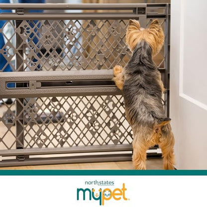 MYPET Paws Portable Pet Gate: 26-40" Wide Expandable, Pressure Mounted No Tools Needed, Durable Dog Gate for Doorways, Made in USA, 23" Tall, Fieldstone Gray - color: Fieldstone