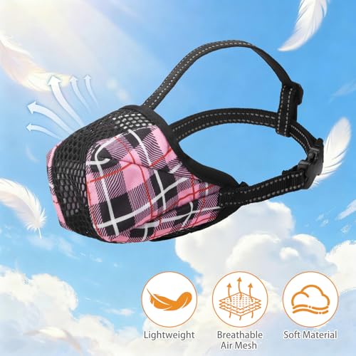 KOOLTAIL Dog Muzzle, Soft Muzzle for Small Medium Large Sized Dogs to Anti & Prevent Barking Grooming Biting, Reflective Adjustable Air Mesh Basket Muzzles, Allows Panting and Drinking, Pink Plaid M - color: Pink Plaid, size: X-Small