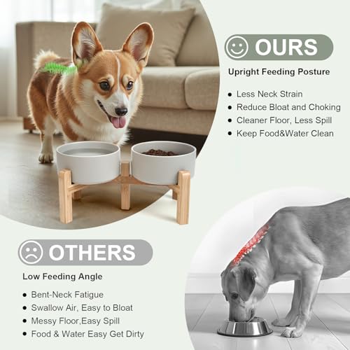 SPUNKYJUNKY Elevated Dog Bowls Ceramic, 6.1'' Dogs and Cat Food Water Bowls Raised with Non-Slip Bamboo Stand for Medium Sized Breed Microwave Dishwasher Safe - 28.7 OZ,Grey - color: Grey, size: 6.1 in - 3.6 cups