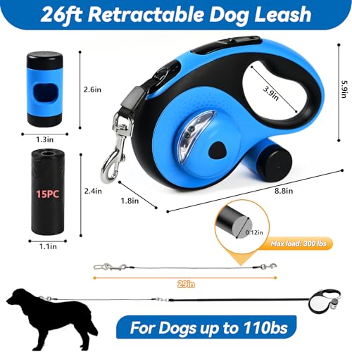Heavy Duty Retractable Dog Leash for Large Dogs, 26ft Dog Leash with Poop Bag Holder, Up to 110lbs, chew Proof Cable, LED Light, 360° No-Tangle, One-Handed Pause & Locked (Blue, L 26ft) - color: Blue