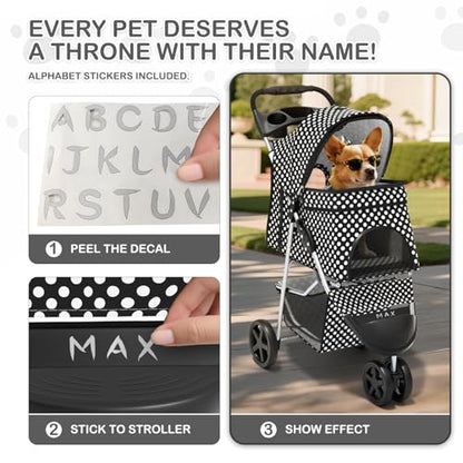 MoNiBloom 3 Wheels Pet Dog Cat Stroller for Small Medium Dogs Cats, Foldable Jogger Stroller w/Storage Basket and Cup Holder, Black Polka Dots - color: Black Polka Dots