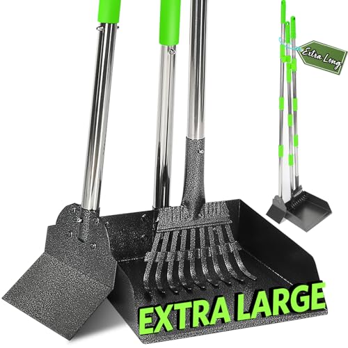 T2Y Extra Long Handle Dog Pooper Scooper 3-Piece Set, Heavy Duty Metal Poop Rake, Tray and Spade for Large Dogs, Stainless Steel Pet Waste Remover & Garden Scoop for Yard/Grass/Dirt/Gravel - size: Rake & Spade & Large Tray-Green