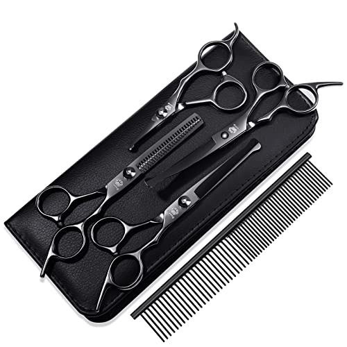 Dog Grooming Scissors Kit with Safety Round Tips, GLADOG Professional 6 in 1 Grooming Scissors for Dogs, Sharp and Heavy-duty Dog Grooming Shears for Dogs Cats - style: Black