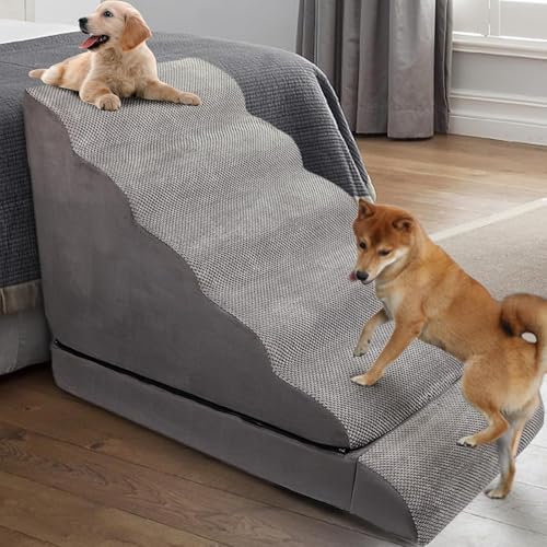 Dog Stairs for High Beds 30-36 inches Tall, 6-Step Pet Stairs/Steps for High Bed 32-36 inches for Small Large Dogs, Dog Ramp for Bed, Foam Dog Steps for Beds for Old Dogs/Cats, Grey - color: 29.1 H 6-Step Gray with Dog Bed