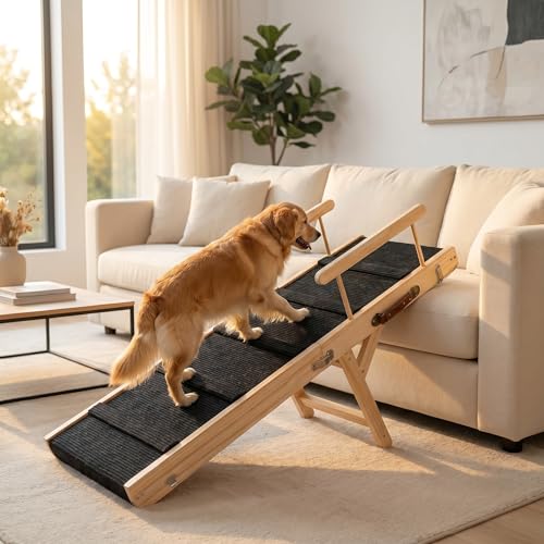 Wooden Dog Ramp for Bed – Folding Pet Ramp for Couch | Collapsible Wooden Pet Ramp, 4 Adjustable Heights, Non-Slip High Traction Fabric Surface, Portable Solid Pine Wood Steps - size: Large