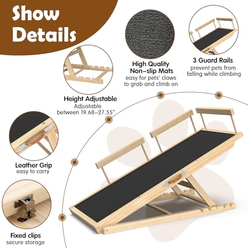 Dog Ramp for Bed and Couch 55" with Non-Slip Surface & Side Rails | 6 Adjustable Heights (19.7"-27.6"), 250 lb Capacity, Safe Mobility for Senior Large Dogs, Non-Slip Silicone Surface - size: 55.11"L*20.21"W*19.68"~27.55"H