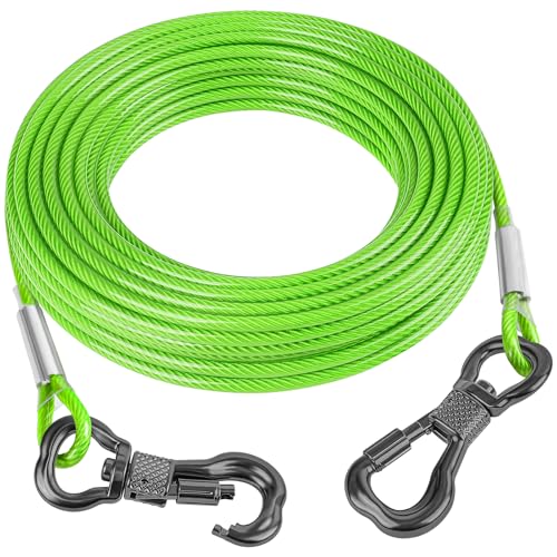 Tresbro 15FT Reflective Tie Out Cable for Dogs Up to 250 Pounds, Steel Wire Lead Leash Cable with Stainless Dual Fix Buckle, Lightweight and Enduring, Dog Chains for Outside, Yard, Camping, Green - color: Green, size: 250lbs 15FT 0.2IN