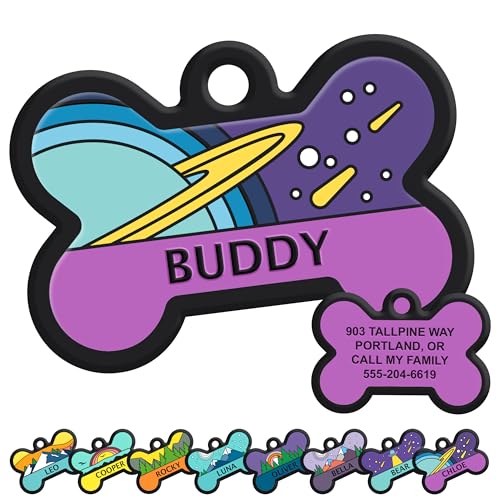 GoTags Silent Dog Tag, Personalized Engraved Bone Silicone Pet ID Tag | Dog and Cat Name, Number Address or Message, 5 Lines Custom Text, Soundless No More Jingling Dog Tags (Space Planet) - size: Bone (Pack of 1), style: Space Planet