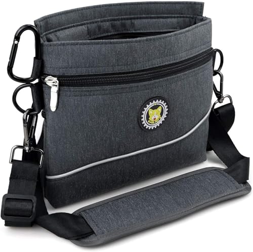 Viklluyr Dog Treat Pouch with Magnetic Closure, 2 Zip Pockets, Removable Inner Pocket, Padded Shoulder Strap, Perfect Food Bag for Agility Training - Including Carabiner - color: Black, size: L
