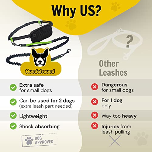 Hundefreund Hands-Free Dog Leash for Small Dogs 10 to 30 lbs - Lightweight Waist Leash with Bungee (43–63"), Padded Belt (26–47") & Pouch – Dual Handles, Reflective Stitching for Walking & Jogging