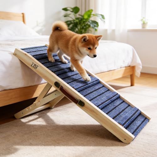 ZJSF Foldable Wooden Dog Ramp for High Bed, Dog Stairs for Small Dogs, High Traction Platform with 4 Adjustable Heights (5"-20.4"), 31.5" L, Supports up to 70 lbs - size: 31.5"L X 12"W