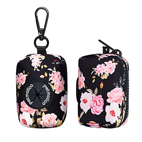 Petmolico Dog Poop Bag Holder Leash Attachment, Waste Bag Dispenser Zippered Pouch, Fits Any Leash, Includes Free Roll of Bags, 2 Packs - Pink Rose - color: Black with Pink Rose
