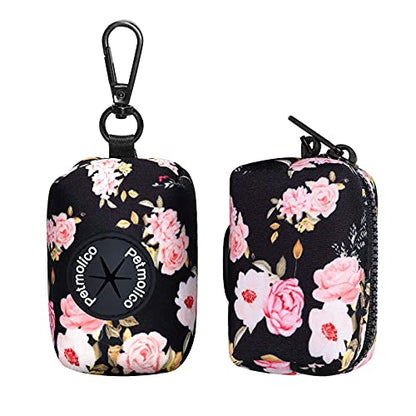 Petmolico Dog Poop Bag Holder Leash Attachment, Waste Bag Dispenser Zippered Pouch, Fits Any Leash, Includes Free Roll of Bags, 2 Packs - Pink Rose - color: Black with Pink Rose