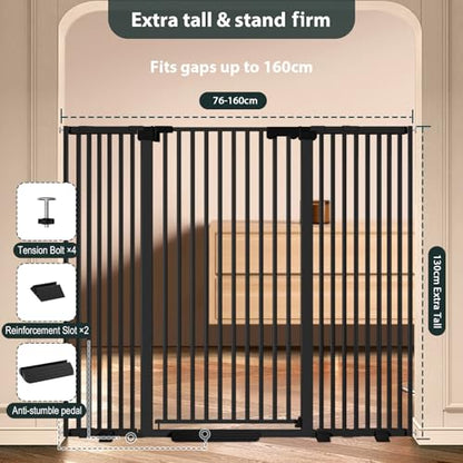 51'' Extra Wide Cat Gate Barrier 30-63'' Wide for Doorways Hallways, Pressure Mounted Tall Pet Dog Gates No Drilling Auto Close, Cat Fence Indoor Climb Proof (Black) - size: 30''-62.99''Wide