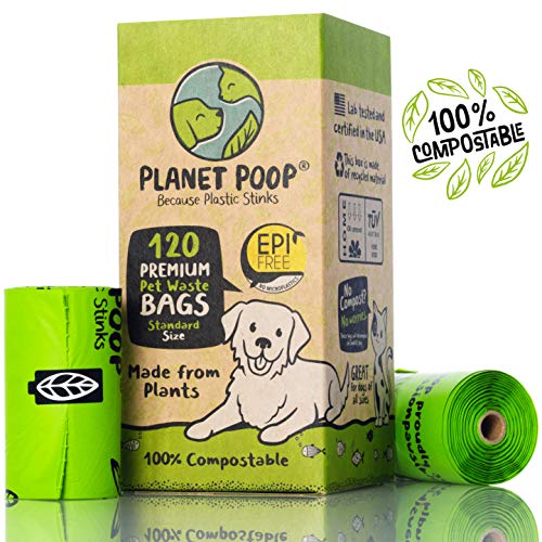 PLANET POOP Home Compostable Dog Poop Bags on Refill Rolls, 120 Un-Scented Pet Waste Bags, Thick Leakproof Plant-Based Doggy Bag, Cat & Dogs Supplies - size: 120 Count (Pack of 1)