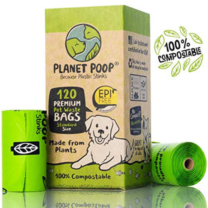 PLANET POOP Home Compostable Dog Poop Bags on Refill Rolls, 120 Un-Scented Pet Waste Bags, Thick Leakproof Plant-Based Doggy Bag, Cat & Dogs Supplies - size: 120 Count (Pack of 1)