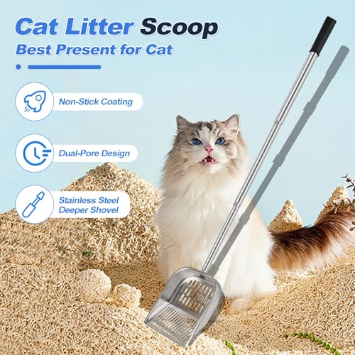 Cat Litter Scoop Metal Mesh, Kitty Scooper for Litter Box Cleaning Speed Sifting, Chicken Poop Scooper for Sand, Litter Sifter Shovel, Dog Coop Pooper Scooper -Stainless Steel Long Handle
