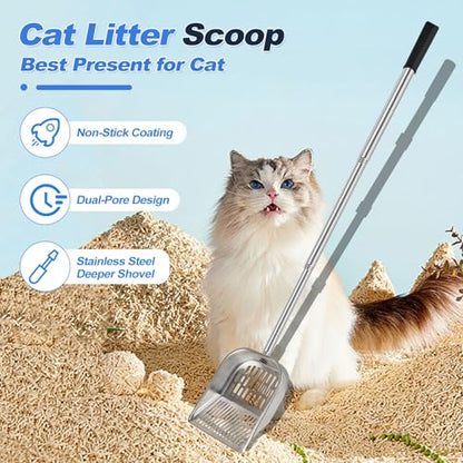 Cat Litter Scoop Metal Mesh, Kitty Scooper for Litter Box Cleaning Speed Sifting, Chicken Poop Scooper for Sand, Litter Sifter Shovel, Dog Coop Pooper Scooper -Stainless Steel Long Handle
