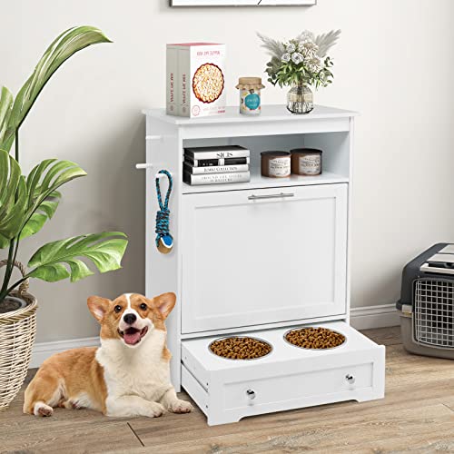 Dog Feeding Station, Dog Food Storage Cabinet w/Double Raised Dog Bowls, Pull Out Design, Large Dog Feeder Station Container for Pets Toy, Feeding & Watering Supplies (White) - color: White