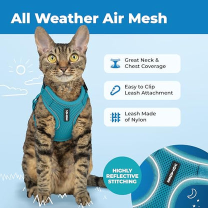 Voyager Escape-Proof Step-in Lock Cat Harness & 5ft Neoprene-Handle Leash Set All-Weather Mesh with Reflective Stitching for Small to Large Cats by Best Pet Supplies, Turquoise (327), S - color: Turquoise (327), size: S (Chest: 15 - 18")