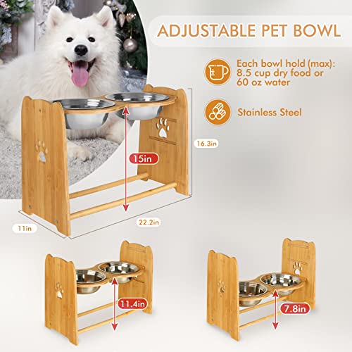 X-ZONE PET Elevated Dog Bowls for Cats and Dogs, Adjustable Bamboo Raised Dog Bowls for Large Dog, Food and Water Stand Feeder with 2 Stainless Steel Anti Slip Feet (Height 7.9" to 11.4" to 15")… - size: XL- Height 7.9" up to 15"
