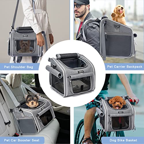 Dog Bike Basket, Expandable Soft-Sided Pet Carrier Backpack with 4 Open Doors, 4 Mesh Windows for Small Dog Cat Puppies-Grey - color: Grey-Fits 6-15 Lbs