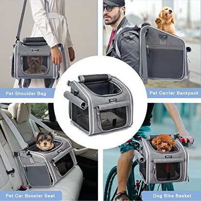 Dog Bike Basket, Expandable Soft-Sided Pet Carrier Backpack with 4 Open Doors, 4 Mesh Windows for Small Dog Cat Puppies-Grey - color: Grey-Fits 6-15 Lbs