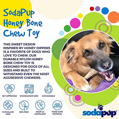 SodaPup Honey Bone – Durable Dog Chew Toy Made in USA from Non-Toxic, Pet Safe, Food Safe Nylon Material for Mental Stimulation, Clean Teeth, Fresh Breath, Problem Chewing, Calming Nerves, & More