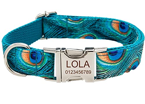 Personalized Dog Collar, Custom Engraving with Pet Name Phone Number ID Tag for Small Medium Large Breeds - color: Peafowl, size: XS(length 9"-12")