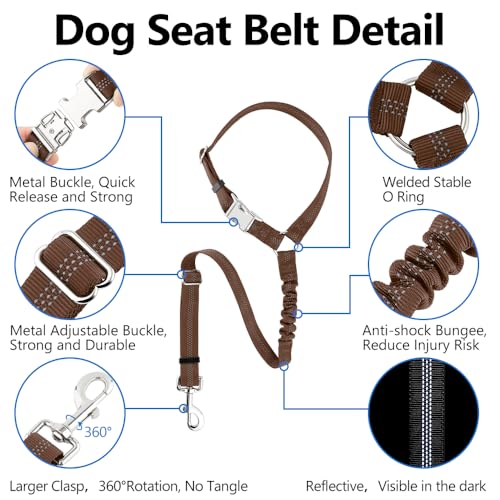 Plutus Pet Dog Seat Belt for Car Headrest, Reflective and Adjustable Restraint with Elastic Bungee for Safety, Vehicle Seatbelt Harness for Small Medium Large Dogs and Cats, Chocolate - color: Chocolate