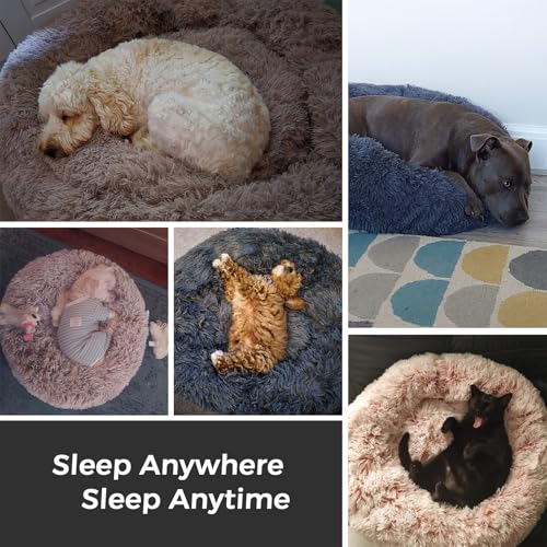 Calming Round Dog Bed & Cat Bed with Anti-Slip Bottom, Medium Size Washable Anti-Anxiety Donut Dog Beds for Small Dogs & Cats, Fluffy Plush Soft Dog Bed(24 Inch, Light Grey) - color: Light Grey, size: 24"l x 24"w x 8"th