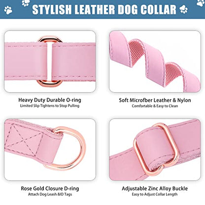 Soft Leather Martingale Dog Collar - Adjustable Rose Gold Limited Slip Collars [Easy to Clean], Stylish Durable Heavy Duty Nylon No Pull Training Collar for Small Medium Large Dogs S Pink - color: Pink, size: S (Neck 10"-15", Width 4/5")