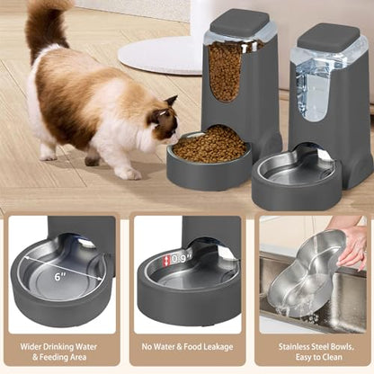 2 Pack Automatic Cat Feeder and Gravity Stainless Steel Water Dispenser, Dog Food Feeder and Waterer Set for Small Medium Puppy Kitten Pets (1 Gallon x 2, Gray) - color: 1 Gallon x 2 - Gray