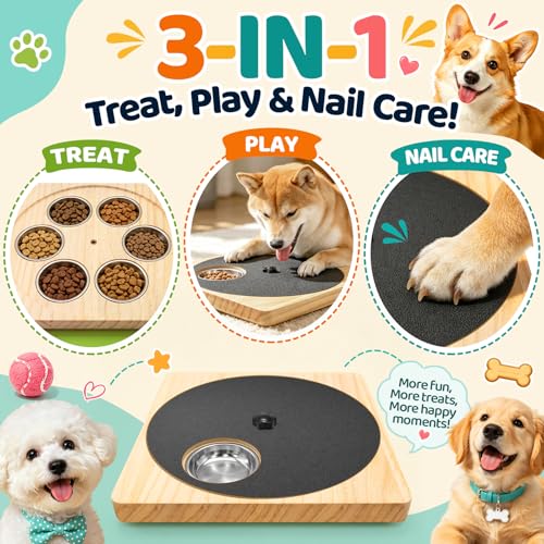 Dog Nail Scratch Board with Treat Box, 3-in-1 Wooden Pet Scratch Board for Nails, Adjustable Resistance Dog Nail File Toy for Stress-Free Grooming, Slow Feeder Puzzle Toy for Dogs