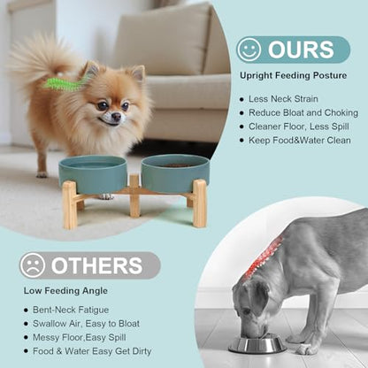 SPUNKYJUNKY Elevated Dog Bowls Ceramic, 5.1'' Dogs and Cat Food Water Bowls Raised with Non-Slip Bamboo Stand for Puppy Small Sized Breed Microwave Dishwasher Safe - 13.5 OZ,Dark Green - color: Dark Green, size: 5.1 in - 1.7 cups