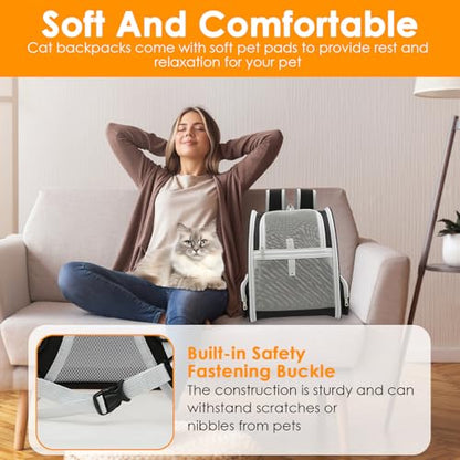 Cat Backpack Carrier, Pet Carrier for Small Dog Cat Puppy Kitten Bunny,Ventilated Mesh Design up to 15lbs, Foldable Animal Backpack Bag for Hiking Camping Travel (Grey)