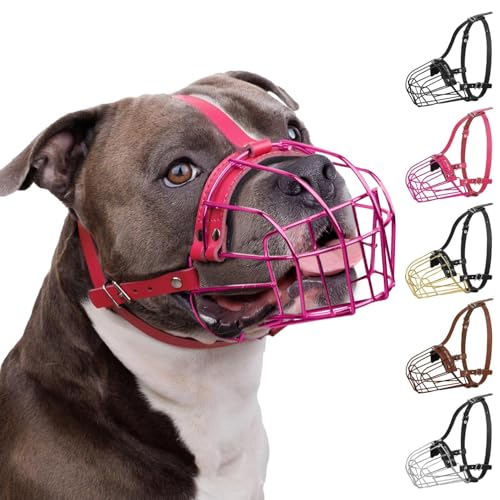 BRONZEDOG Pitbull Dog Muzzle Metal Mask Amstaff Wire Basket Pit Bull Adjustable Leather Straps for Large Dogs (Pink) - color: Leather, Pink Metal