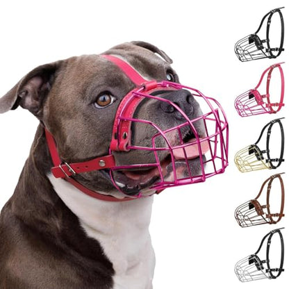 BRONZEDOG Pitbull Dog Muzzle Metal Mask Amstaff Wire Basket Pit Bull Adjustable Leather Straps for Large Dogs (Pink) - color: Leather, Pink Metal