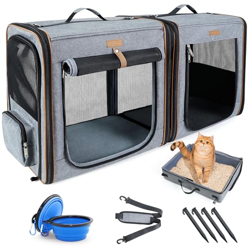 Lekereise Large Cat Carrier for 2 Cats, 2-in-1 Cat Travel Carrier with Litter Box, (17.7" x2) x16.5"x13" Pet Carrier with Zipper Locks for Moving Across The Country (No Hammock) - Grey - color: Grey, size: 35.4"L x 13"W x 16.5"H