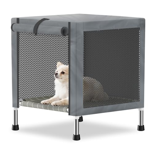 Small Stainless Steel Elevated Dog Crate with Cover, 2-in-1 Indoor & Outdoor Raised Pet House, Rust-Proof Dog Kennel with Silicone Anti-Slip Feet, Tool-Free Assembly - size: 20.0"L x 20.0"W x 24.0"H