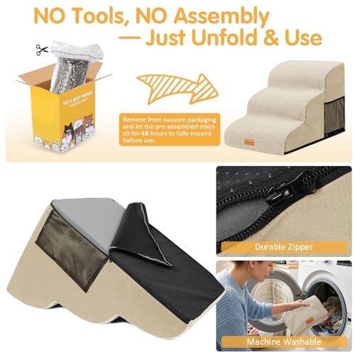 Topmart 3 Tiers Foam Dog Ramps/Steps,Non-Slip Pet Steps | Extra Wide Deep Dog Stairs,High Density Foam Pet Stairs/Ladder,Best for Older Dogs,Cats,Small Pets - color: Beige, size: 23.6*15.7*15.7
