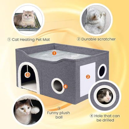 Indoor Heated Cat House, Adjustable Temperature Cat Heating Bed with Timer and Chew Resistant Cord, Large Cat House with Heating Pad for Small Medium and Large Cats - style: With heating pad