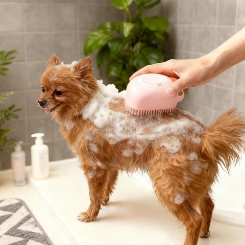 Silicone Dog Bath Brush – Dog Grooming Shampoo Scrubber with Soap Dispenser, Perfect for Shedding, Bathing, and Grooming, Ideal for Short and Long-Haired Dogs, Pink - color: pink