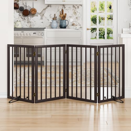 Dog Gate for Doorways 32" Tall Freestanding Dog Gate for Stair Foldable Pet Gate for Dogs Indoor (Brown,4 Panel) - color: Brown, size: 32inches Tall-4 Panels