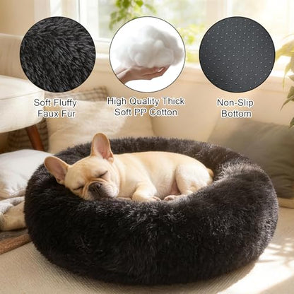 Dog Calming Beds for Medium Large Dogs - Round Donut Washable Puppy Dog Bed, Anti-Slip Faux Fur Fluffy Donut Cuddle Anxiety Cat Pet Bed(28'' Black) - color: Black, size: 28"L x 28"W x 8"Th