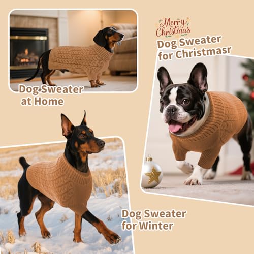 SAWMONG Dog Sweater, Dog Sweaters for Large Dogs Girls Boys, Pullover Turtleneck Knitted Doggy Sweatshirt, Cold Weather Pet Clothes（Khaki, Large - color: Khaki, size: Large